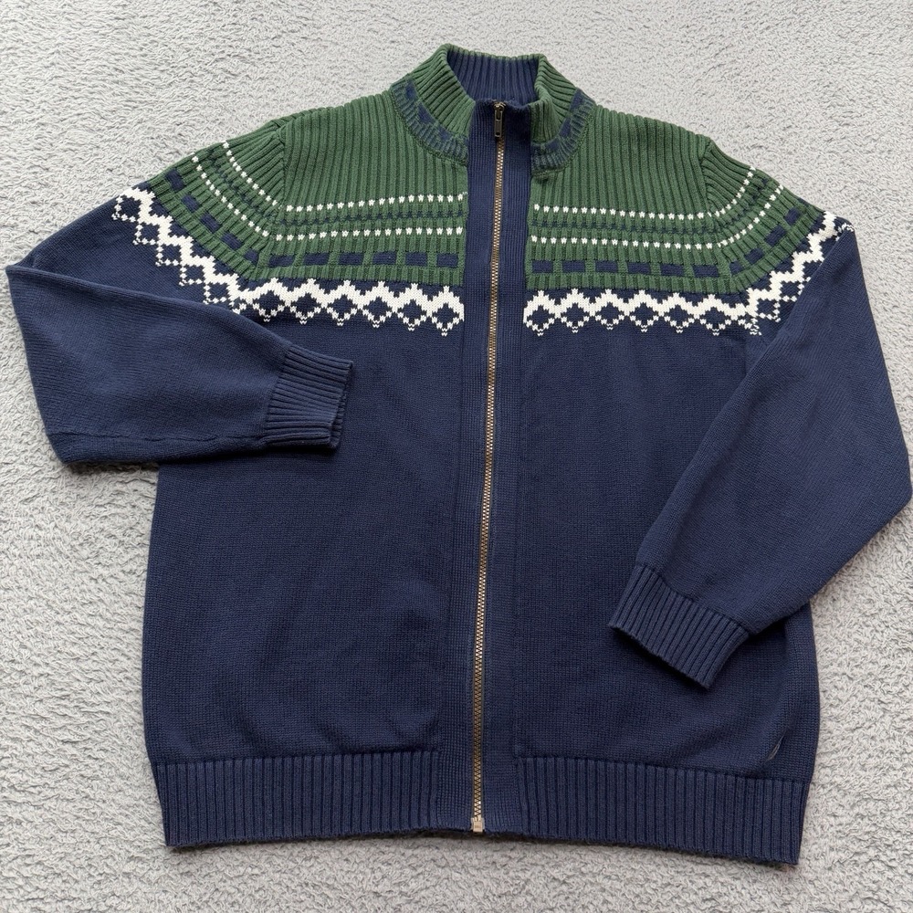 Nautica Full Zip Sweater Jacket Mens XL Blue Green Mock Neck Cotton Cozycore